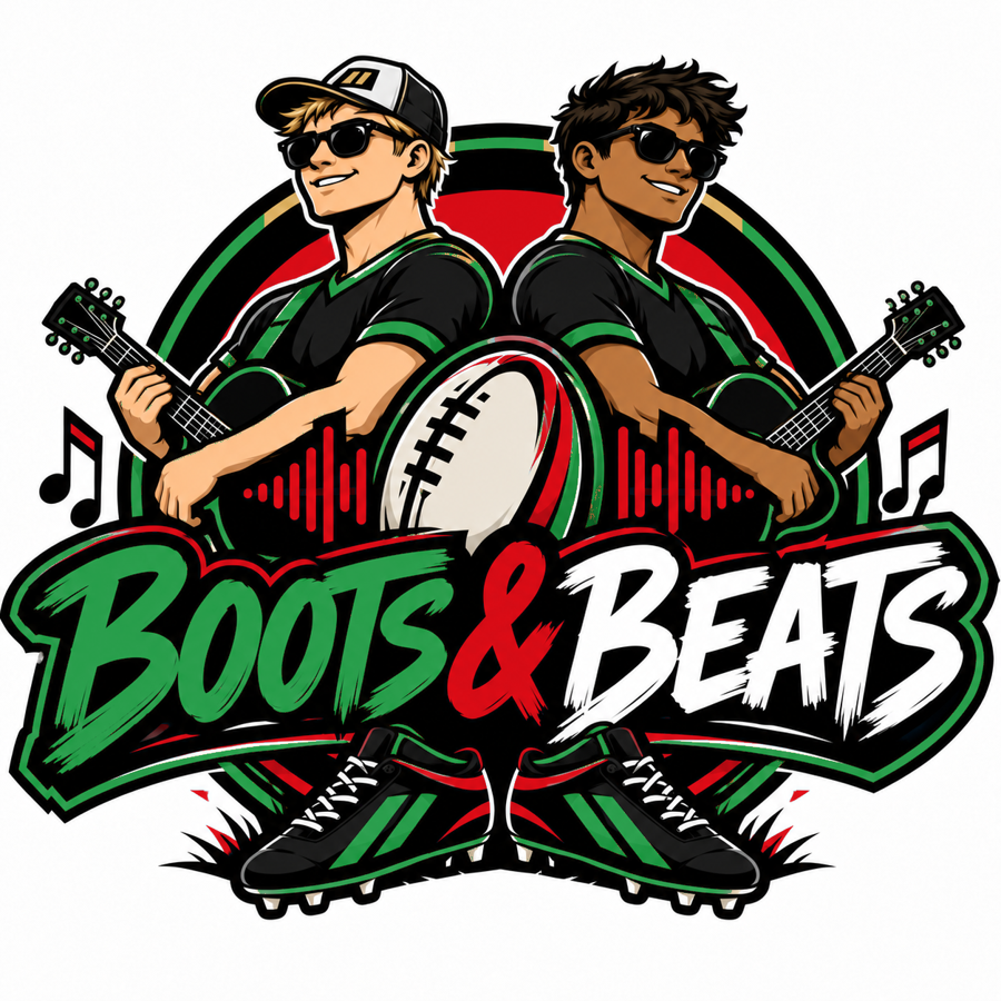 Boots & Beats logo: two lads back to back with guitars, a footy ball between them and footy boots below
